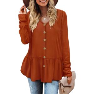 imageWIHOLL Long Sleeve Tops Shirts for Women Babydoll V Neck Buttons Ruffle Tunic Tops Blouses