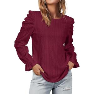 imageWIHOLL Puff Sleeve Tops for Women Crewneck Eyelet Tunic Shirts Fall Clothes