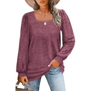 imageWIHOLL Tunic Tops for Women Loose Fit Long Sleeve Shirts Square Neck Tops03grey Red