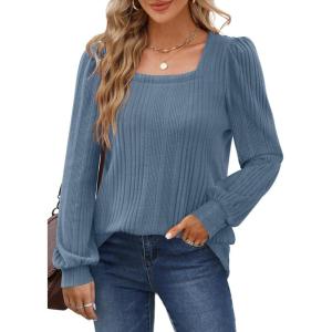 imageWIHOLL Tunic Tops for Women Loose Fit Long Sleeve Shirts Square Neck Tops06blue