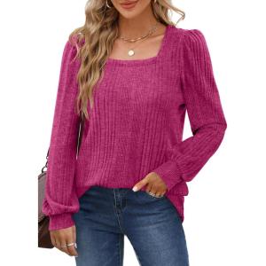 imageWIHOLL Tunic Tops for Women Loose Fit Long Sleeve Shirts Square Neck Tops06hot Pink