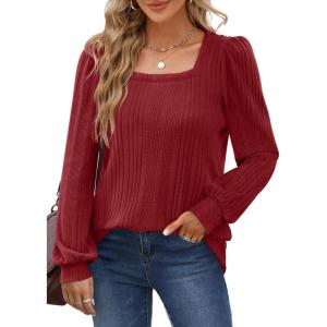 imageWIHOLL Tunic Tops for Women Loose Fit Long Sleeve Shirts Square Neck Tops06red