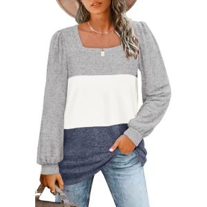 imageWIHOLL Tunic Tops for Women Loose Fit Long Sleeve Shirts Square Neck Tops07grey White Blue