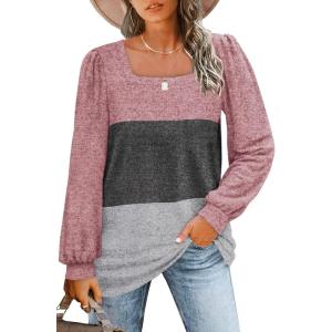 imageWIHOLL Tunic Tops for Women Loose Fit Long Sleeve Shirts Square Neck Tops07pink Darkgrey Grey