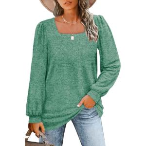 imageWIHOLL Tunic Tops for Women Loose Fit Long Sleeve Shirts Square Neck Tops09lake Green