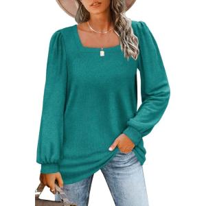imageWIHOLL Tunic Tops for Women Loose Fit Long Sleeve Shirts Square Neck Tops11peacock Green