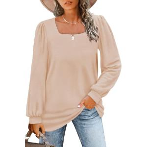 imageWIHOLL Tunic Tops for Women Loose Fit Long Sleeve Shirts Square Neck Tops16khaki