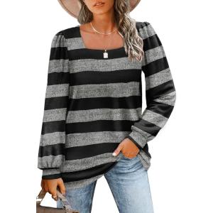 imageWIHOLL Tunic Tops for Women Loose Fit Long Sleeve Shirts Square Neck Tops18black Grey Stripes