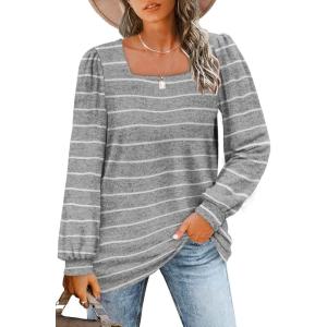 imageWIHOLL Tunic Tops for Women Loose Fit Long Sleeve Shirts Square Neck Tops19grey White Stripes