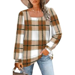 imageWIHOLL Tunic Tops for Women Loose Fit Long Sleeve Shirts Square Neck Tops24yellow Plaid