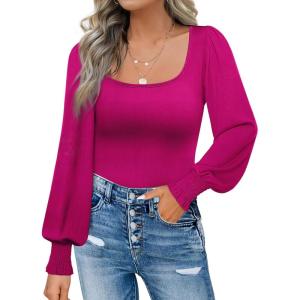 imageWIHOLL Womens Long Sleeve Shirts Fall Clothes Outfits 2024 Fashion Puff Square Neck TopsHotpink