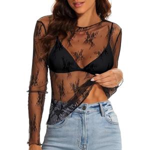 imageWIHOLL Womens Mesh Sheer Tops Sexy Crew Neck Summer Loose FIt Party Clubwear Shirts1a Black