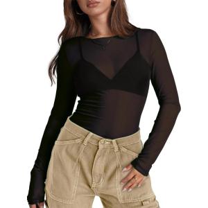 imageWIHOLL Womens Mesh Sheer Tops Sexy Crew Neck Summer Loose FIt Party Clubwear ShirtsA1 Black