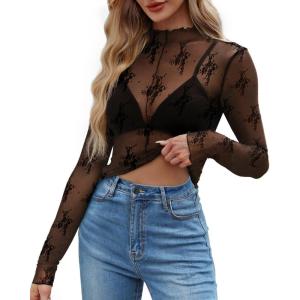 imageWIHOLL Womens Mesh Sheer Tops Sexy Crew Neck Summer Loose FIt Party Clubwear ShirtsA1 Black Lace