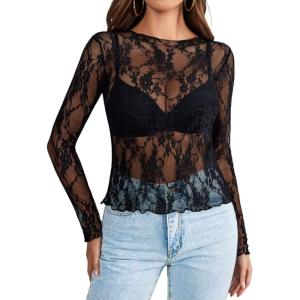 imageWIHOLL Womens Mesh Sheer Tops Sexy Crew Neck Summer Loose FIt Party Clubwear ShirtsA2 Black