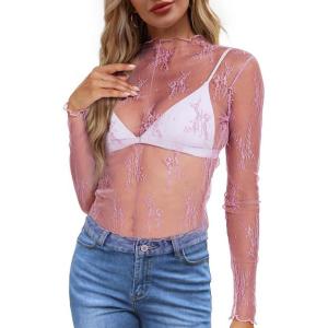 imageWIHOLL Womens Mesh Sheer Tops Sexy Crew Neck Summer Loose FIt Party Clubwear ShirtsA3 Pink Lace