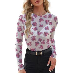 imageWIHOLL Womens Mesh Sheer Tops Sexy Crew Neck Summer Loose FIt Party Clubwear ShirtsA4 Floral