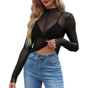 imageWIHOLL Womens Mesh Sheer Tops Sexy Crew Neck Summer Loose FIt Party Clubwear ShirtsB1 Black