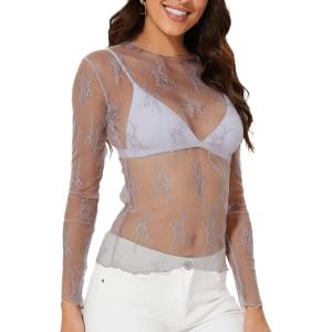 imageWIHOLL Womens Mesh Sheer Tops Sexy Crew Neck Summer Loose FIt Party Clubwear ShirtsB2 Grey