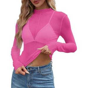 imageWIHOLL Womens Mesh Sheer Tops Sexy Crew Neck Summer Loose FIt Party Clubwear ShirtsB3 Pink