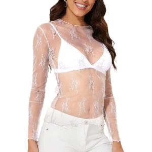 imageWIHOLL Womens Mesh Sheer Tops Sexy Crew Neck Summer Loose FIt Party Clubwear ShirtsB3 White