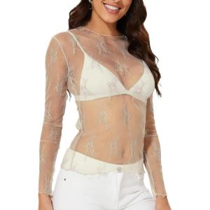 imageWIHOLL Womens Mesh Sheer Tops Sexy Crew Neck Summer Loose FIt Party Clubwear ShirtsB4 Apricot