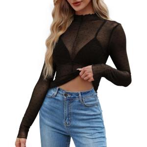 imageWIHOLL Womens Mesh Sheer Tops Sexy Crew Neck Summer Loose FIt Party Clubwear ShirtsC1 Black Polka