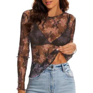 imageWIHOLL Womens Mesh Sheer Tops Sexy Crew Neck Summer Loose FIt Party Clubwear ShirtsC1 Black Print