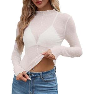 imageWIHOLL Womens Mesh Sheer Tops Sexy Crew Neck Summer Loose FIt Party Clubwear ShirtsC2 White Polka