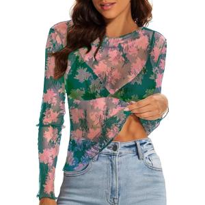 imageWIHOLL Womens Mesh Sheer Tops Sexy Crew Neck Summer Loose FIt Party Clubwear ShirtsC3 Green Print