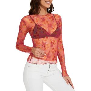 imageWIHOLL Womens Mesh Sheer Tops Sexy Crew Neck Summer Loose FIt Party Clubwear ShirtsC4 Rose Print
