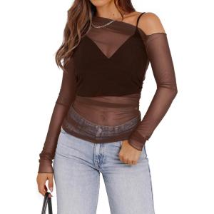 imageWIHOLL Womens Mesh Sheer Tops Sexy Crew Neck Summer Loose FIt Party Clubwear ShirtsDcaramel