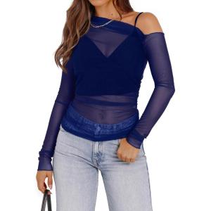 imageWIHOLL Womens Mesh Sheer Tops Sexy Crew Neck Summer Loose FIt Party Clubwear ShirtsNavy Blue
