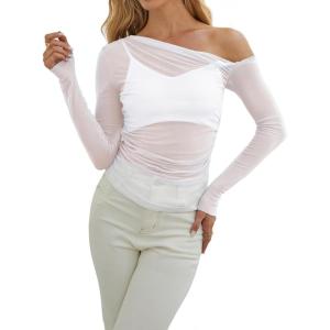 imageWIHOLL Womens Mesh Sheer Tops Sexy Crew Neck Summer Loose FIt Party Clubwear ShirtsWhite