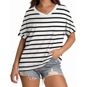 imageWIHOLL Womens Oversized Tshirts Summer Tops 2025 Short Sleeve V Neck Shirts Outfits Plus Size Clothes2black Stripe