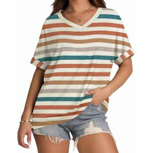 imageWIHOLL Womens Oversized Tshirts Summer Tops 2025 Short Sleeve V Neck Shirts Outfits Plus Size Clothes2orange Stripes