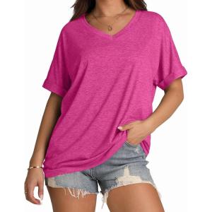 imageWIHOLL Womens Oversized Tshirts Summer Tops 2025 Short Sleeve V Neck Shirts Outfits Plus Size ClothesHot Pink