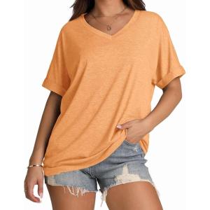 imageWIHOLL Womens Oversized Tshirts Summer Tops 2025 Short Sleeve V Neck Shirts Outfits Plus Size ClothesOrange