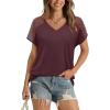 imageWIHOLL Summer Tops for Women V Neck TShirts Swiss Dot Short Sleeve Shirts Casual Fashion Blouses2wine Red