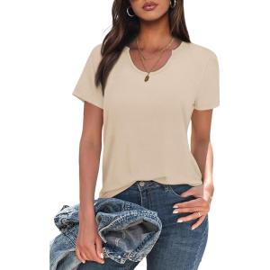 imageWIHOLL Summer Tops for Women Scoop Neck Basic Tees Short Sleeve Casual TShirts Loose FitApricot