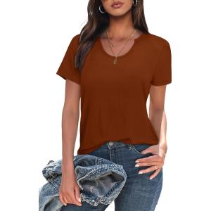 imageWIHOLL Summer Tops for Women Scoop Neck Basic Tees Short Sleeve Casual TShirts Loose FitCaramel