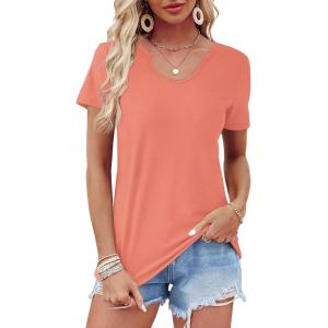imageWIHOLL Summer Tops for Women Scoop Neck Basic Tees Short Sleeve Casual TShirts Loose FitCoral