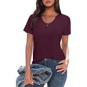 imageWIHOLL Summer Tops for Women Scoop Neck Basic Tees Short Sleeve Casual TShirts Loose FitDark Red