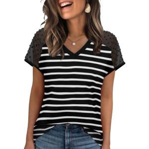 imageWIHOLL Summer Tops for Women V Neck TShirts Swiss Dot Short Sleeve Shirts Casual Fashion Blouses0ablack Striped