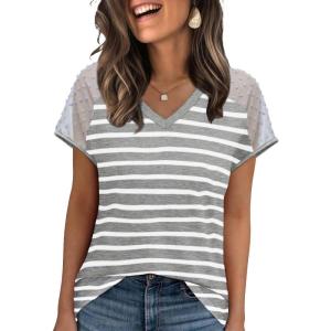 imageWIHOLL Summer Tops for Women V Neck TShirts Swiss Dot Short Sleeve Shirts Casual Fashion Blouses0agrey Striped