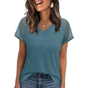 imageWIHOLL Summer Tops for Women V Neck TShirts Swiss Dot Short Sleeve Shirts Casual Fashion Blouses0teal Green