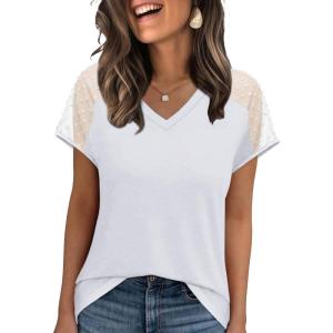 imageWIHOLL Summer Tops for Women V Neck TShirts Swiss Dot Short Sleeve Shirts Casual Fashion Blouses0white