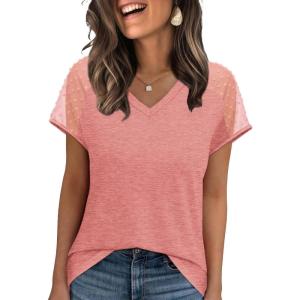 imageWIHOLL Summer Tops for Women V Neck TShirts Swiss Dot Short Sleeve Shirts Casual Fashion Blouses1coral