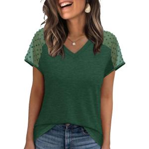 imageWIHOLL Summer Tops for Women V Neck TShirts Swiss Dot Short Sleeve Shirts Casual Fashion Blouses1dark Green