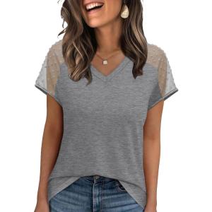 imageWIHOLL Summer Tops for Women V Neck TShirts Swiss Dot Short Sleeve Shirts Casual Fashion Blouses2grey